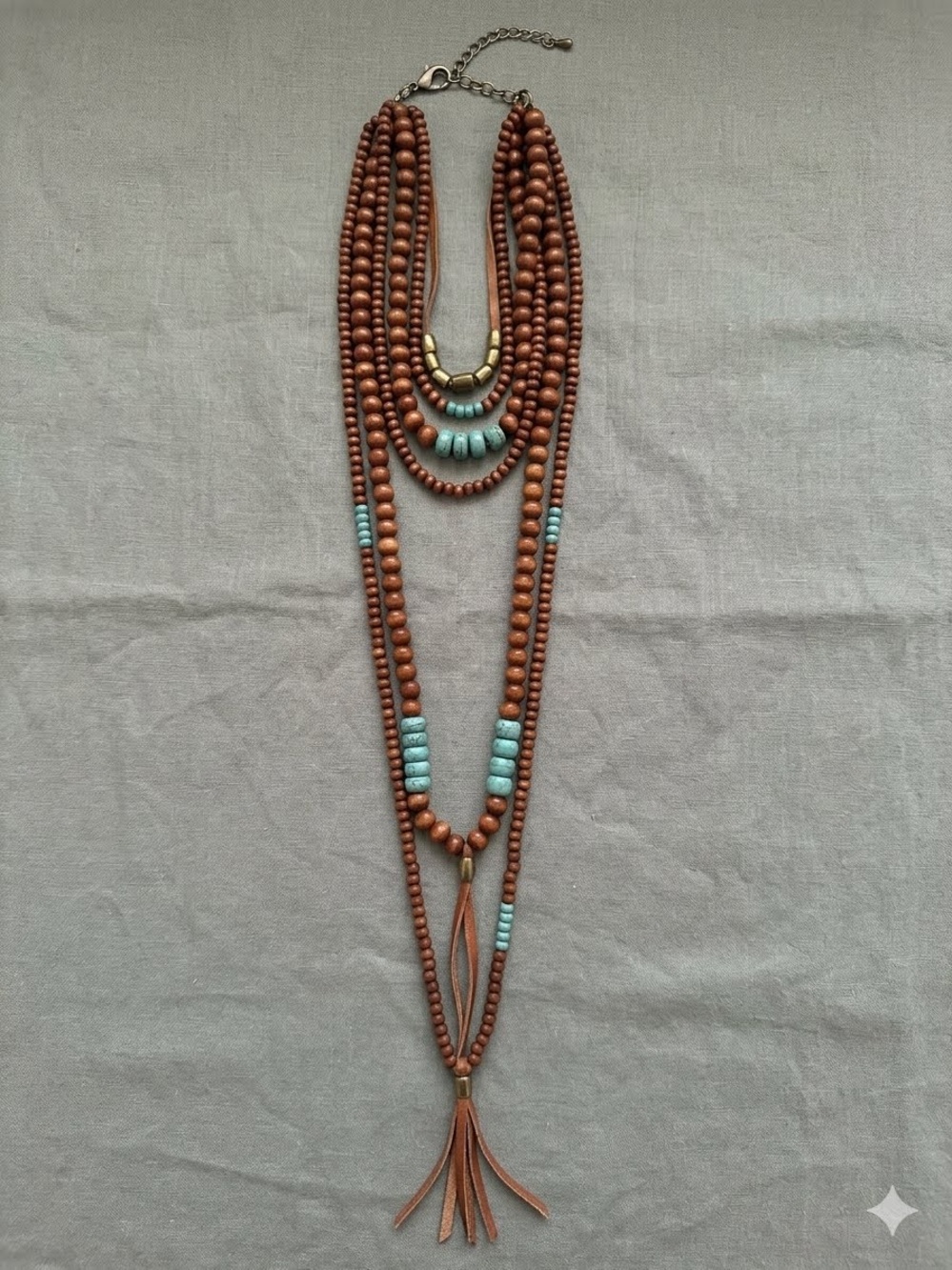 Vintage Multi-Strand Layered Wooden Brown and Turquoise Boho Bead Necklace - Picture 2 of 2